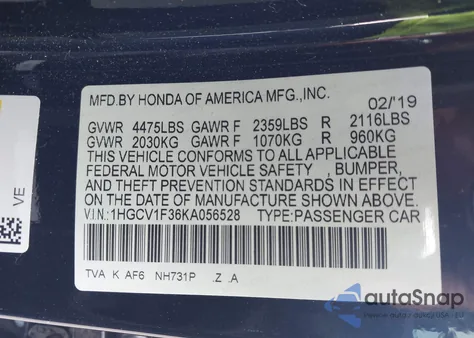 2019 Honda Accord Sport z USA, uszkodzony, nr VIN 1HGCV1F36KA056528